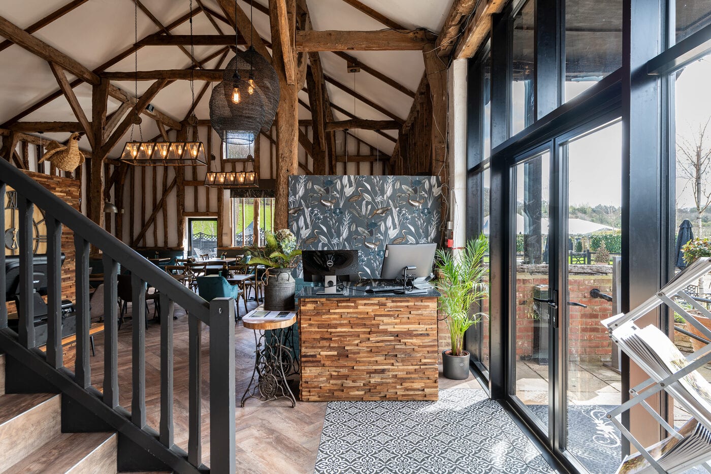 The beamed restaurant at The BarnYard, with space for big family tables
