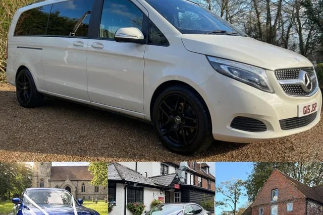 The cream Mercedes V-Class, with the Maserati and Porsche wedding cars pictured below