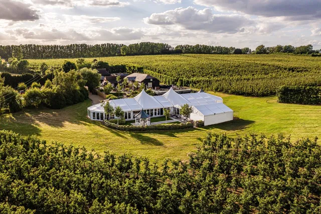 An aerial of the venue surrounded by orchard rows