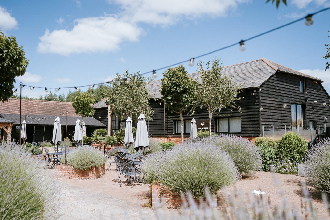 The Courtyard at The BarnYard, with lavender borders, festoon lights and outdoor tables