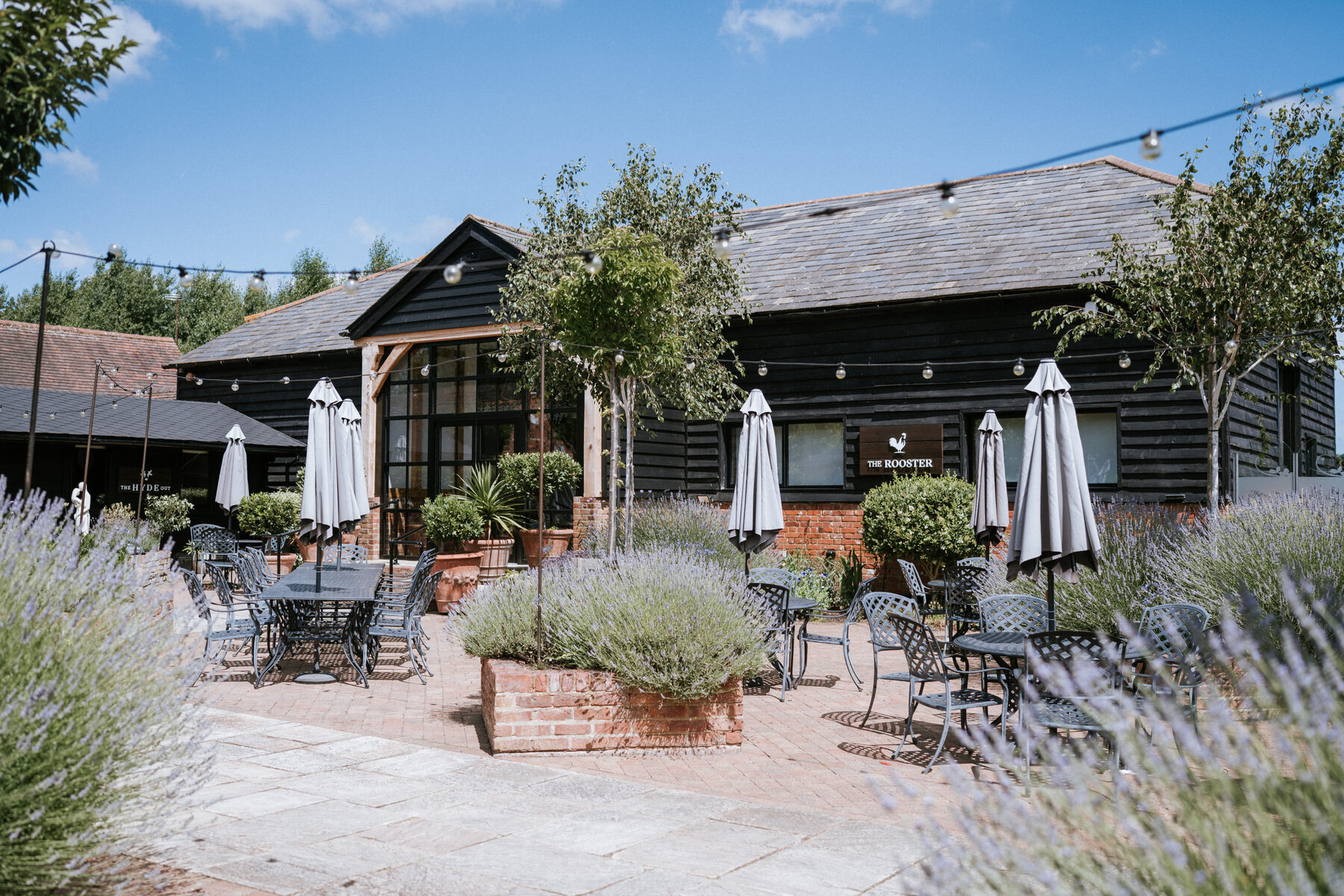 The terrace outside The Rooster restaurant at The BarnYard, with parasols and lavender beds