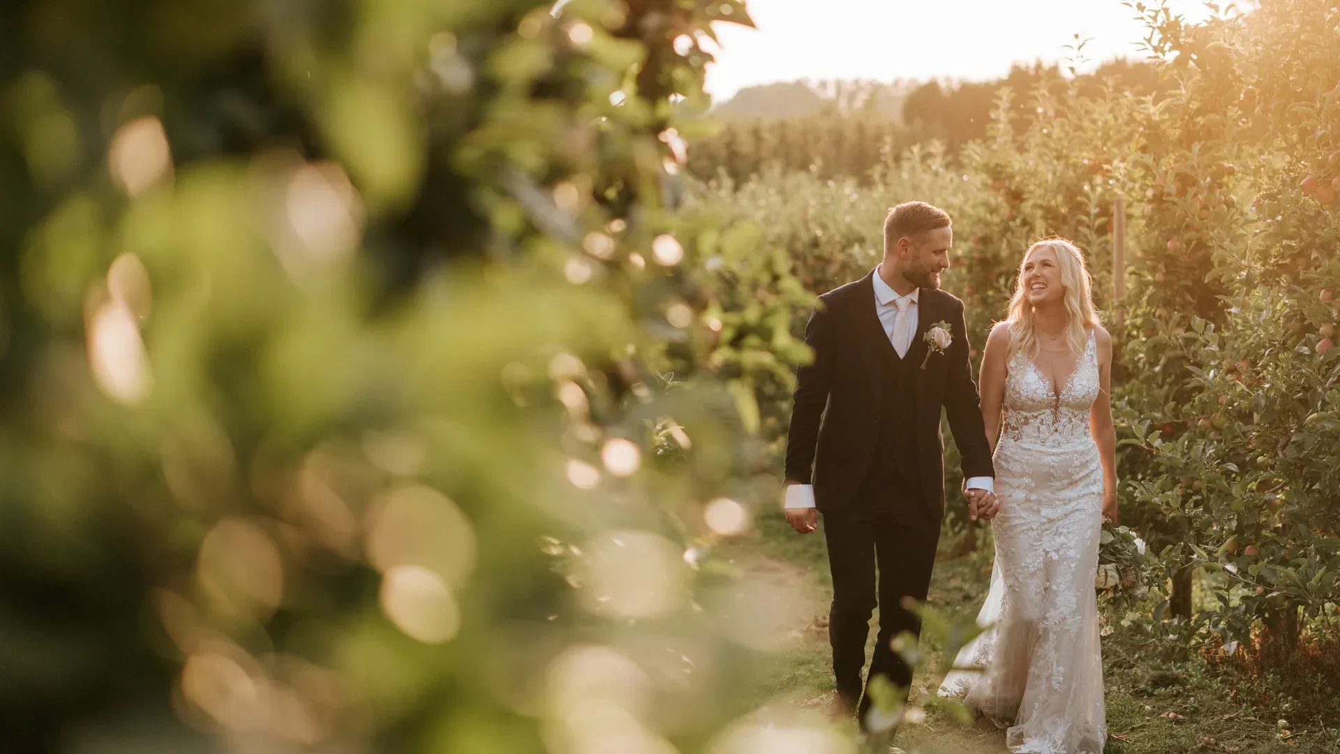 A wedding couple in the orchard at golden hour, the Signature package